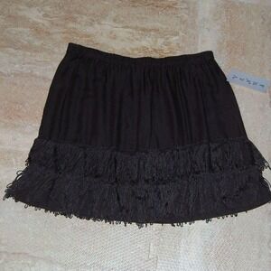 Large Black Fringe Mini Skirt Elastic Waist Pull On Flapper Style Short Skirt